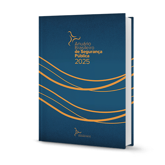 Capa do livro Anuário Brasileiro de Segurança Pública 2025, com fundo azul e linhas onduladas em tons de laranja e amarelo, além do título e do brasão da instituição.
